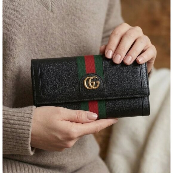 GUCCI Calfskin Web Ophidia Continental Wallet Black Striped Flap Leather GG Bag - Picture 2 of 16
